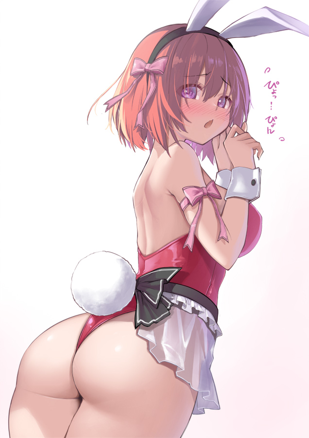 1girl animal_ears arm_ribbon ass ass_focus back bare_shoulders blush bob_cut breasts chocolate_cosmos_(flower_knight_girl) fake_animal_ears fake_tail flower_knight_girl from_behind hair_between_eyes hair_ribbon highleg highleg_leotard kintarou_(kintarou's_room) large_breasts leotard looking_back open_mouth playboy_bunny purple_eyes rabbit_ears rabbit_tail red_hair red_leotard ribbon short_hair shoulder_blades solo standing strapless strapless_leotard tail translation_request wrist_cuffs