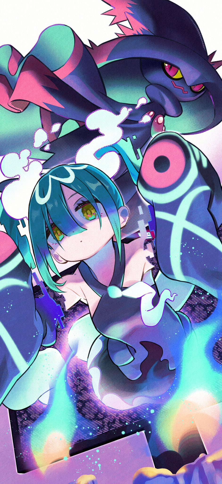 1girl aqua_hair bare_shoulders detached_sleeves floating from_below ghost ghost_miku_(project_voltage) glitch hair_between_eyes hatsune_miku highres looking_ahead mismagius monitor pale_skin pokemon pokemon_(creature) project_voltage rainys_bill skirt sleeves_past_fingers sleeves_past_wrists twintails upper_body vocaloid will-o'-the-wisp_(mythology) yellow_eyes