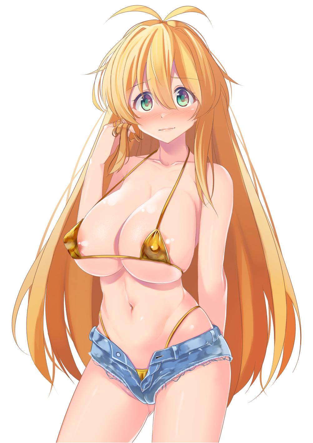 1girl alternate_costume antenna_hair areola_slip bikini blonde_hair blush breasts cowboy_shot denim denim_shorts gold_bikini green_eyes hand_in_own_hair hand_up highres huge_breasts long_hair micro_bikini minase_nagi navel open_fly short_shorts shorts simple_background solo swimsuit tsurumaki_maki voiceroid white_background