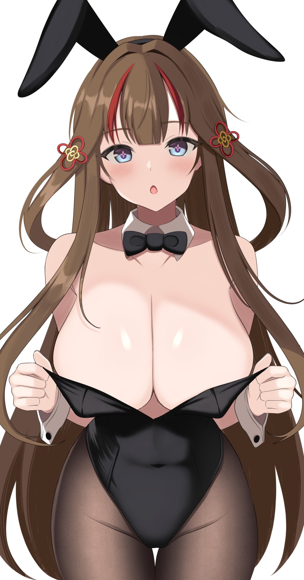 1girl adjusting_clothes adjusting_leotard animal_ears bare_shoulders black_bow black_bowtie black_hairband black_leotard blue_eyes blunt_bangs blush bow bowtie breasts brown_hair brown_pantyhose chestnut_mouth cleavage collarbone commentary covered_navel cowboy_shot detached_collar fake_animal_ears flower-shaped_pupils flower_knot groin hair_ornament hairband hands_up highleg highleg_leotard highres large_breasts leotard long_hair looking_at_viewer multicolored_hair pantyhose parted_lips playboy_bunny rabbit_ears red_hair senran_kagura senran_kagura_new_link sidelocks simple_background solo standing strapless strapless_leotard streaked_hair surippa1010 symbol-shaped_pupils thigh_gap toki_(senran_kagura) two-tone_hair very_long_hair white_background wrist_cuffs