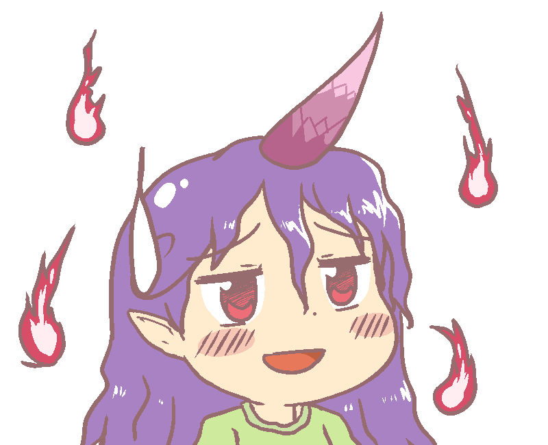1girl anonymous_(japanese) blush green_shirt gyate_gyate horns jaggy_lines long_hair open_mouth pointy_ears portrait purple_hair purple_horns red_eyes shirt single_horn solo tenkajin_chiyari touhou transparent_background unfinished_dream_of_all_living_ghost