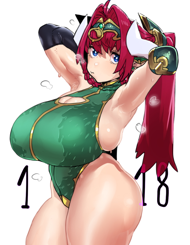 1girl ahoge armpits arms_behind_head biceps black_gloves blue_eyes breasts character_request circlet cleavage cleavage_cutout clothing_cutout dated dragon_horns ear_covers elbow_gloves elbow_pads fang fat_rolls gen'en_(sioherashi) gloves green_leotard hair_intakes highleg highleg_leotard horns huge_breasts leotard long_hair looking_at_viewer original pointy_ears ponytail red_hair shortstack single_elbow_pad skin_fang skindentation solo sweat thick_thighs thighs white_horns