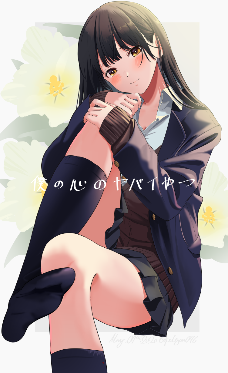 1girl black_hair black_skirt blue_jacket blue_socks blush boku_no_kokoro_no_yabai_yatsu brown_eyes brown_sweater closed_mouth copyright_name feet highres hugging_own_legs jacket kneehighs light_smile long_hair long_sleeves looking_at_viewer miniskirt pleated_skirt poligon_(046) shirt skirt socks solo sweater thighs white_shirt yamada_anna