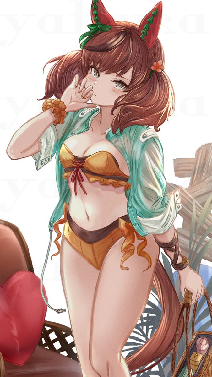 1girl animal_ears bag bikini breasts brown_hair chair cleavage closed_mouth ear_covers feet_out_of_frame green_shirt grey_eyes hand_up heart heart_pillow highres holding holding_bag horse_ears horse_girl horse_tail long_sleeves looking_at_viewer navel nice_nature_(umamusume) open_clothes open_shirt orange_bikini paid_reward_available pillow plant scrunchie shirt simple_background small_breasts solo standing strapless strapless_bikini swimsuit tail twintails umamusume white_background wrist_scrunchie yatsuka_(846)