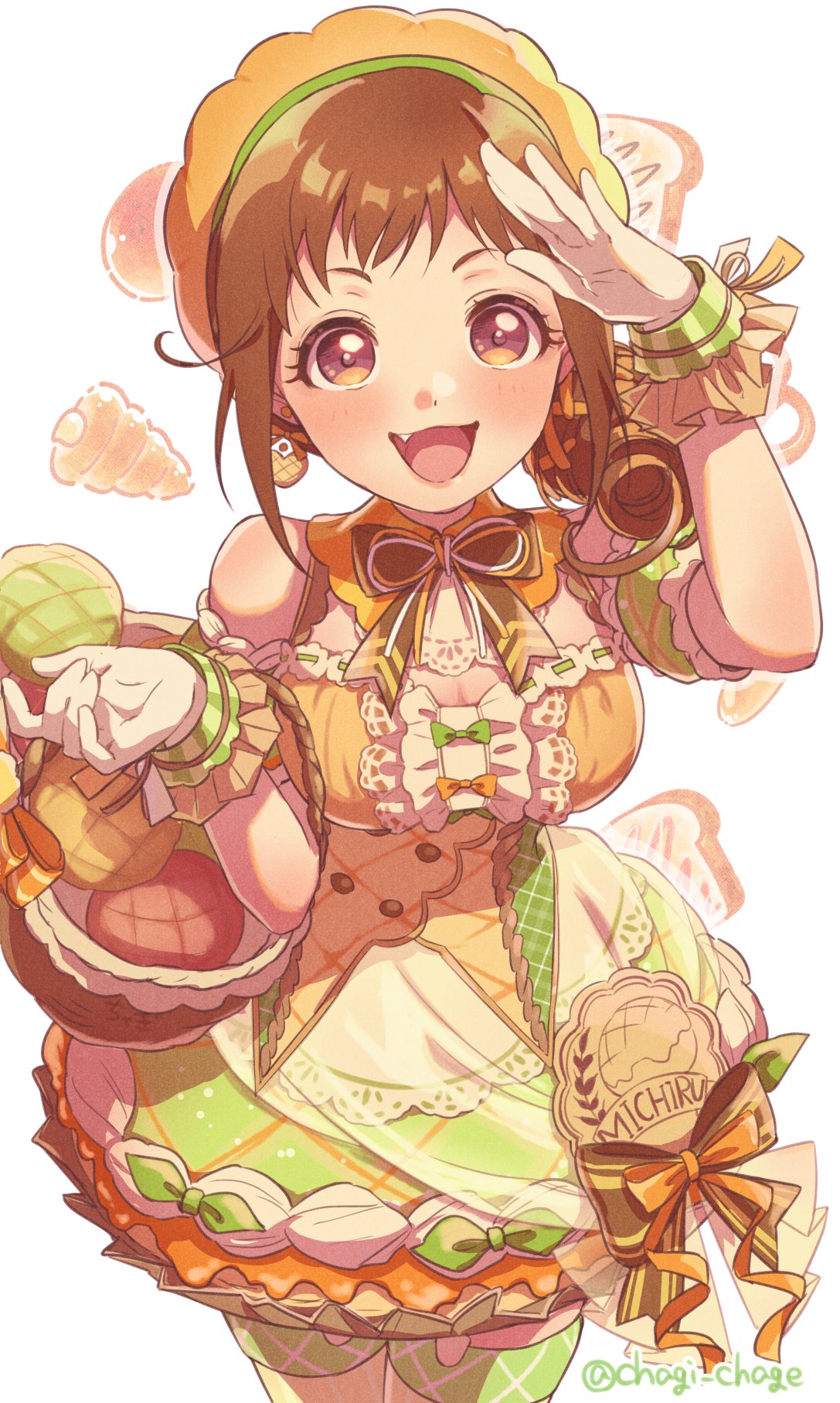 1girl artist_name bare_shoulders basket black_ribbon bow bread breasts brown_hair chagi_chage cleavage detached_collar dot_nose dress drill_hair earrings fang food frilled_dress frills green_scrunchie highres holding holding_basket idolmaster idolmaster_cinderella_girls idolmaster_cinderella_girls_starlight_stage jewelry long_hair medium_breasts multicolored_clothes multicolored_dress ohara_michiru open_mouth orange_headwear pink_eyes ribbon salute sash scrunchie smile solo thigh_strap white_background wrist_scrunchie x