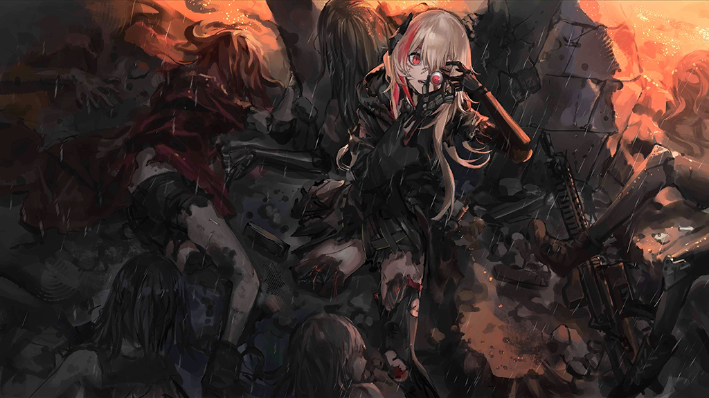 6+girls after_battle amputee android artist_request black_jacket black_thighhighs blonde_hair corpse embers foot_out_of_frame game_cg girls'_frontline gun hair_between_eyes hand_on_own_face headgear holding holding_eyeball jacket long_hair m4_sopmod_ii m4_sopmod_ii_(girls'_frontline) mechanical_arms mechanical_parts missing_eye missing_limb multicolored_hair multiple_girls official_art open_mouth rain red_eyes red_hair ruins solo_focus spoilers streaked_hair teeth thighhighs torn_clothes torn_jacket torn_thighhighs weapon wire