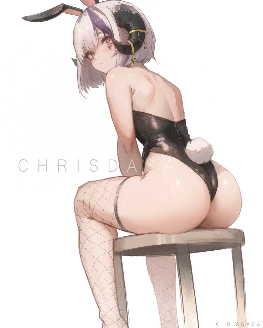 1girl :&lt; animal_ears artist_name ass backless_leotard bare_shoulders black_horns black_leotard blush brown_eyes chrisdasa closed_mouth curled_horns facial_mark fake_animal_ears fake_tail feet_out_of_frame fishnet_thighhighs fishnets from_side good_ass_day grey_hair highleg highleg_leotard highres horn_ornament horns leotard looking_at_viewer looking_back multicolored_hair original playboy_bunny purple_hair rabbit_ears rabbit_tail sheep_horns short_hair shoulder_blades simple_background sitting stool strapless strapless_leotard streaked_hair tail thighhighs turning_head white_background