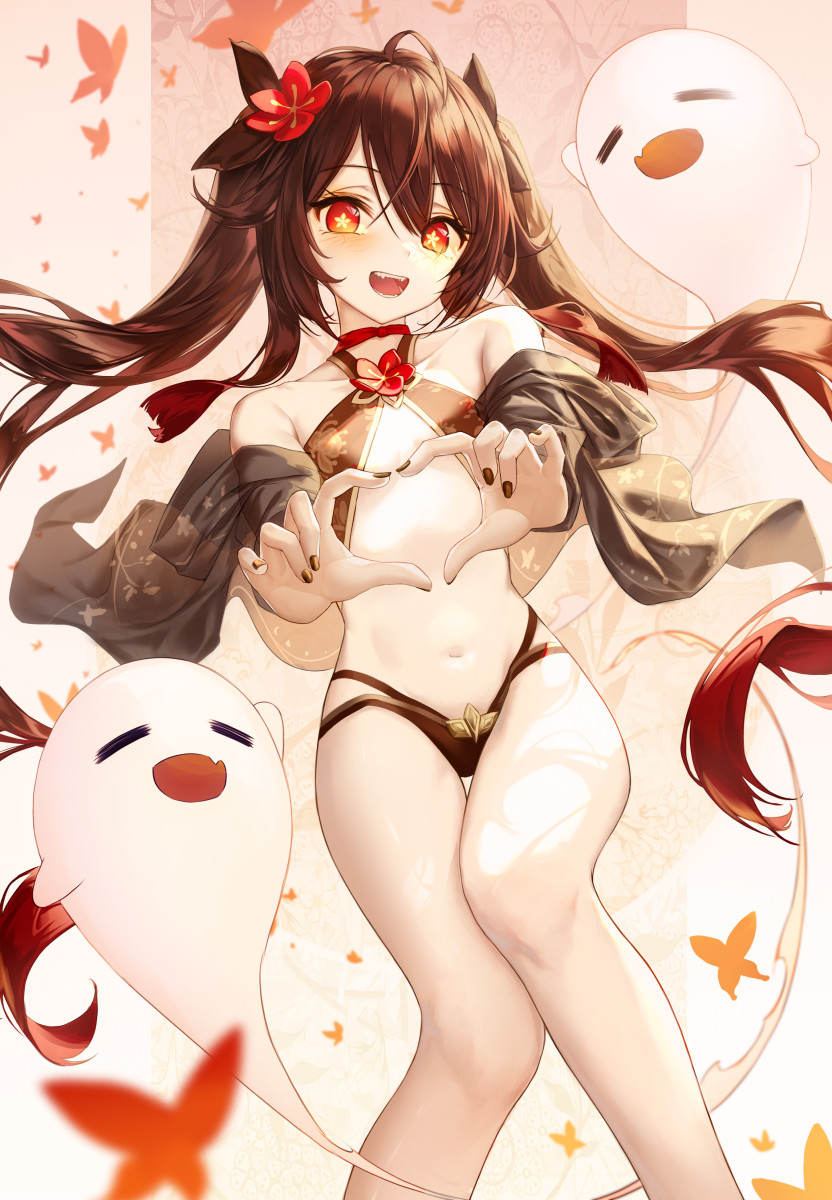 1girl adapted_costume ahoge bare_legs bare_shoulders bikini black_bikini black_nails black_shirt boo_tao_(genshin_impact) brown_hair choker criss-cross_halter duplicate flower flower-shaped_pupils genshin_impact ghost gradient_hair h2o_(dfo) hair_flower hair_ornament hair_ribbon halterneck heart heart_hands highres hu_tao_(genshin_impact) leaf legs long_hair looking_at_viewer maple_leaf multi-strapped_bikini multicolored_hair nail_polish navel off_shoulder open_clothes open_mouth open_shirt outstretched_arms pixel-perfect_duplicate red_choker red_eyes red_hair ribbon shirt smile solo stomach string_bikini swimsuit symbol-shaped_pupils thighs twintails very_long_hair