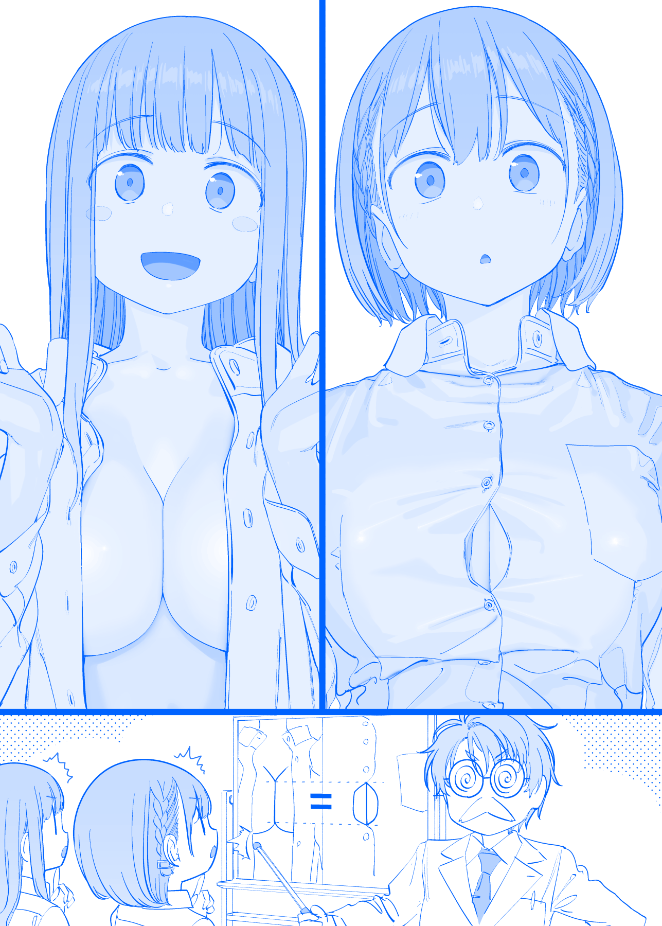 3girls :o ^^^ ai-chan's_sister_(tawawa) ai-chan_(tawawa) blue_theme blunt_bangs blush_stickers braid breasts button_gap collarbone commentary commentary_request fake_facial_hair fake_mustache getsuyoubi_no_tawawa glasses highres himura_kiseki labcoat large_breasts long_hair looking_at_another looking_at_viewer monochrome multiple_girls necktie open_clothes open_mouth open_shirt short_hair single_braid smile volley-bu-chan_(tawawa)