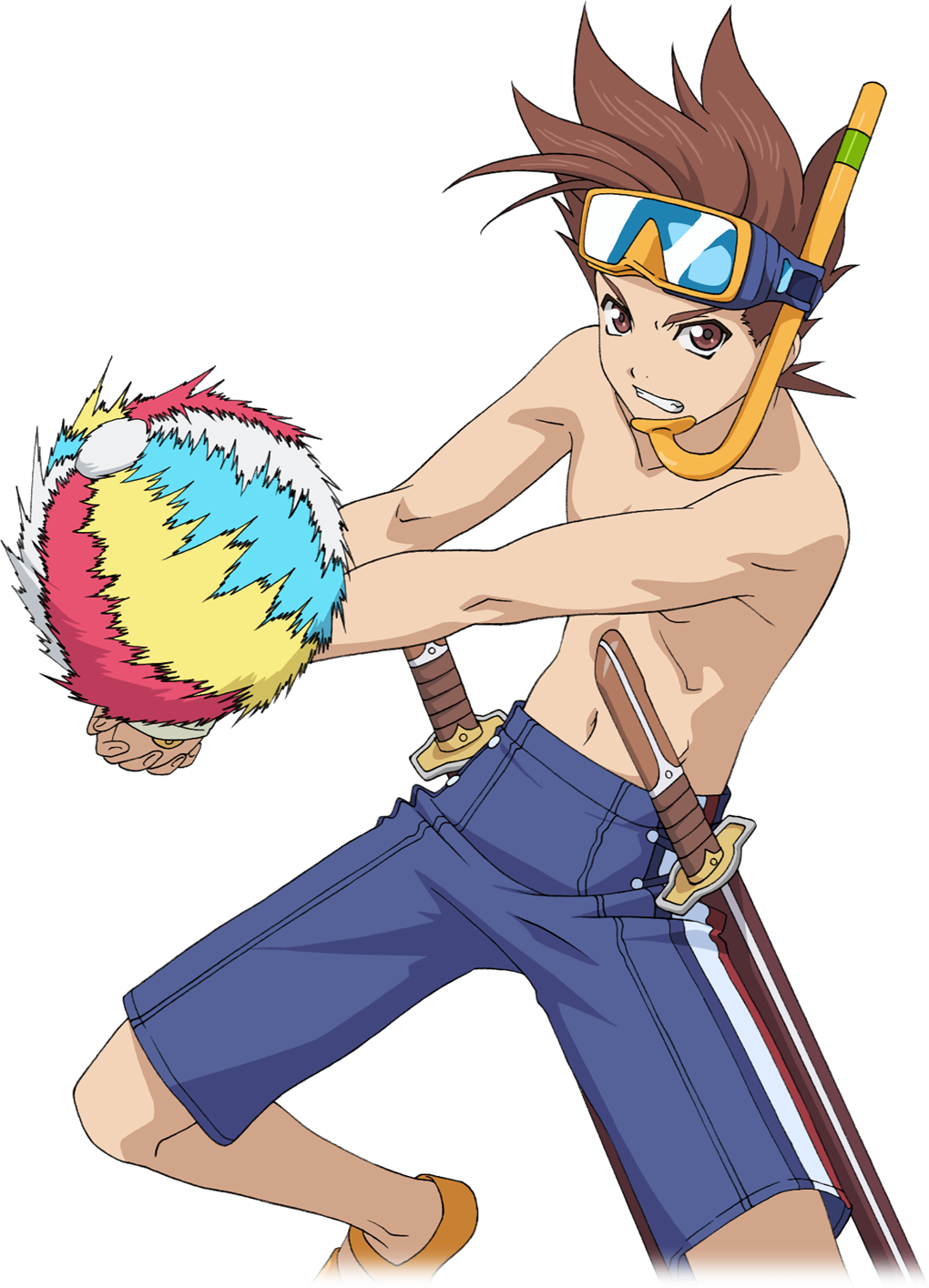 1boy ball beachball brown_eyes brown_hair english_commentary fingernails highres lloyd_irving lloyd_irving_(beach_boy) male_focus male_swimwear navel official_art swim_trunks tales_of_(series) tales_of_asteria tales_of_symphonia topless_male transparent_background