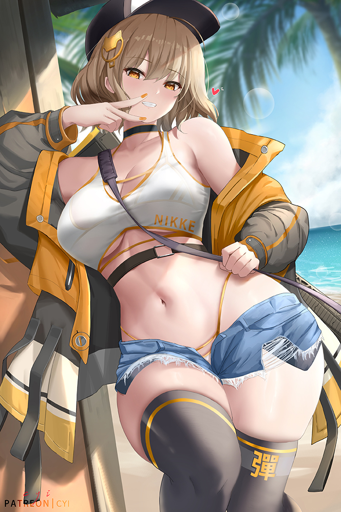 1girl anis_(nikke) baseball_cap beach bikini bikini_under_clothes black_thighhighs blue_sky breasts brown_eyes brown_hair cloud crop_top curvy cyicheng day denim denim_shorts goddess_of_victory:_nikke gold_trim grin hair_ornament hat heart large_breasts lens_flare navel ocean open_fly orange_nails outdoors palm_tree short_shorts shorts sky smile solo stomach swimsuit thighhighs thighs tree v_over_mouth white_bikini
