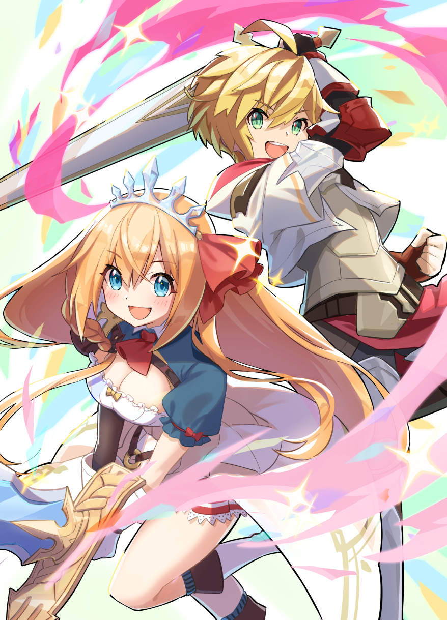 1boy 1girl :d ahoge blonde_hair blue_eyes breasts cleavage crossover dragalia_lost euden fingerless_gloves gloves green_eyes hair_between_eyes highres holding holding_sword holding_weapon long_hair looking_at_viewer nonono_(1399900) open_mouth orange_hair pecorine_(princess_connect!) princess_connect! short_hair smile sword tiara weapon