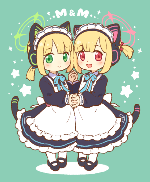 2girls :3 animal_ear_headphones animal_ears apron black_dress black_footwear blonde_hair blue_archive blue_ribbon blush cat_ear_headphones cat_ears cat_tail closed_mouth commentary_request dress fake_animal_ears fake_tail frilled_apron frills full_body green_background green_eyes green_halo halo headphones holding_hands interlocked_fingers long_sleeves looking_at_viewer maid maid_apron maid_headdress midori_(blue_archive) midori_(maid)_(blue_archive) momoi_(blue_archive) momoi_(maid)_(blue_archive) multiple_girls neck_ribbon onyhakase pantyhose pink_eyes pink_halo puffy_long_sleeves puffy_sleeves ribbon shoes short_hair short_twintails siblings simple_background sisters smile standing star_(symbol) tail twins twintails white_apron white_pantyhose