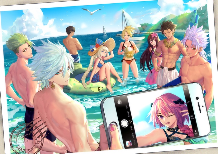 3girls 6+boys abs achilles_(fate) amakusa_shirou_(fate) arash_(fate) astolfo_(fate) ball bird black_hair black_shorts blonde_hair blue_bra blue_eyes blue_shorts blue_skirt boat bra breasts closed_mouth fate/grand_order fate_(series) flower green_hair hair_between_eyes hair_flower hair_ornament hand_on_headwear hand_on_own_hip hat holding holding_ball holding_phone holding_surfboard iketsumi karna_(fate) long_hair looking_at_viewer marie_antoinette_(fate) medium_breasts mordred_(fate) mordred_(swimsuit_rider)_(fate) multiple_boys multiple_girls muscular muscular_male ocean outdoors ozymandias_(fate) panties parted_bangs parted_lips phone pink_skirt purple_bra purple_hair red_bra red_panties scathach_(fate) scathach_(swimsuit_assassin)_(fate) seagull selfie shorts sitting skirt smile spiked_hair standing surfboard twintails underwear v water_gun watercraft white_hair white_shorts yellow_eyes