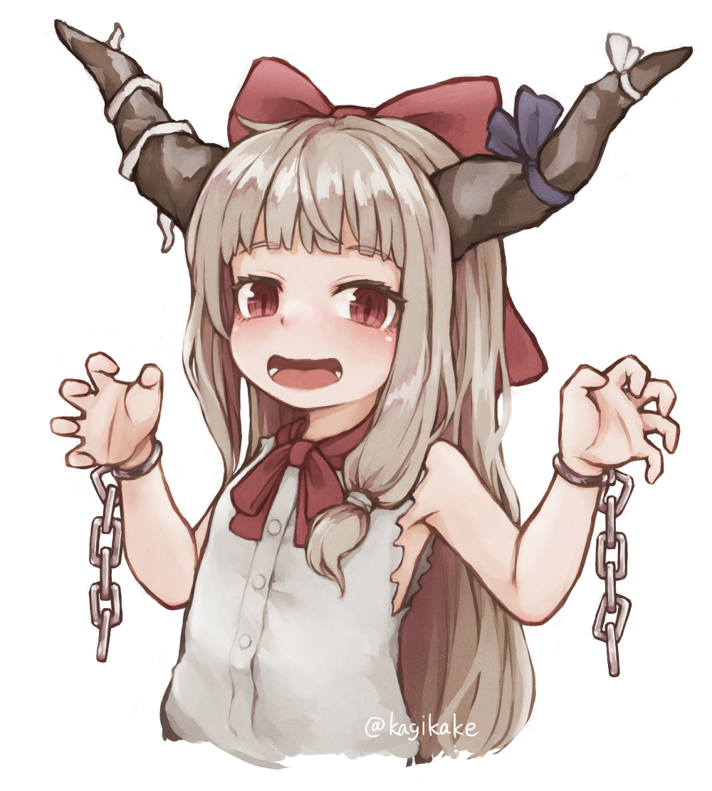 1girl blue_ribbon bow buttons chain cuffs hair_bow horn_ornament horn_ribbon horns ibuki_suika kagikake long_hair oni_horns open_mouth orange_hair red_bow red_eyes ribbon shirt simple_background smile solo torn_clothes torn_sleeves touhou twitter_username upper_body white_background white_shirt