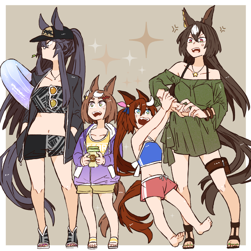 4girls :d :o aged_down alternate_costume anger_vein animal_ears asuka_(junerabitts) bandaid bandaid_on_face bandaid_on_nose bare_shoulders barefoot baseball_cap black_hair black_headwear black_jacket black_shorts blue_eyes bow brown_hair collarbone cup ear_piercing ears_through_headwear full_body green_shirt hair_between_eyes hair_bow hair_flaps hair_ornament hairclip hands_in_pockets hat high_ponytail holding holding_cup horse_ears horse_girl horse_tail jacket jewelry long_hair long_sleeves looking_at_another looking_to_the_side mouth_hold multicolored_hair multiple_girls narita_brian_(umamusume) necklace off-shoulder_shirt off_shoulder piercing pink_bow pink_shorts ponytail purple_sweater red_eyes sandals shirt short_hair shorts sirius_symboli_(umamusume) smile stalk_in_mouth streaked_hair sunglasses sweater swimsuit tail tokai_teio_(umamusume) tsurumaru_tsuyoshi_(umamusume) two-tone_hair umamusume white_hair yellow_eyes