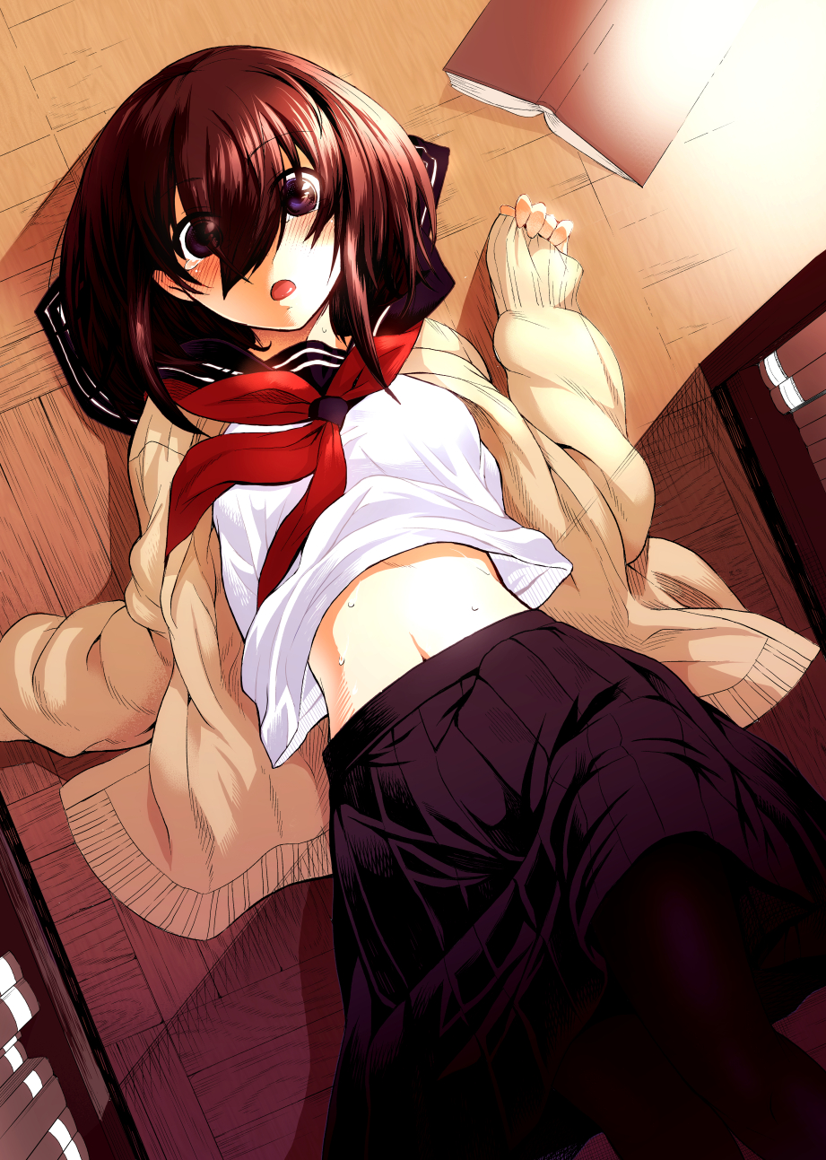 1girl black_hair black_skirt blush book bookshelf cover cover_page crying crying_with_eyes_open day doujin_cover hair_over_eyes hibi_gakeppuchi highres indoors long_bangs long_hair looking_at_viewer lying navel on_back open_book open_mouth original pantyhose pleated_skirt purple_eyes school_uniform skirt solo tears uniform