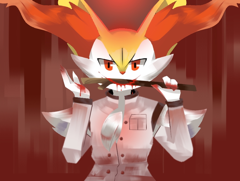 ambiguous_gender anthro blood blood_on_face blood_on_fur blood_on_hand bodily_fluids braixen chef_uniform chest_tuft fur generation_6_pokemon library_of_ruina limbus_company looking_at_viewer nintendo pierre_(library_of_ruina) pokemon pokemon_(species) project_moon red_eyes ryoshu_(limbus_company) shangxia shirt_pocket simple_background smile solo stick tuft white_body white_fur wooden_stick