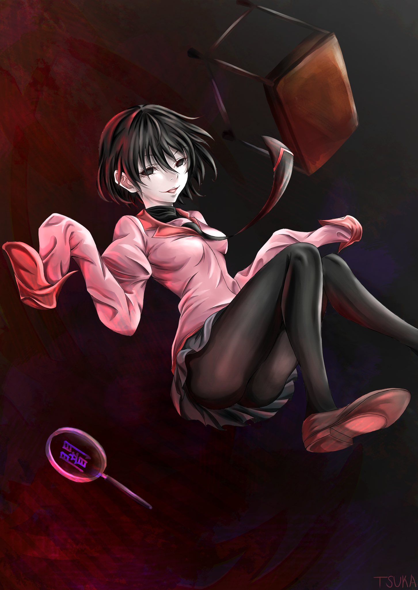 1girl artist_name ass black_background black_eyes black_hair black_necktie black_pantyhose black_skirt black_undershirt bob_cut breasts brown_footwear commentary desk empty_eyes falling floating_necktie gradient_background hair_between_eyes highres kanji loafers long_sleeves looking_at_viewer magnifying_glass messy_hair miniskirt monogatari_(series) naoetsu_high_school_uniform necktie oshino_ougi pale_skin pantyhose parted_lips pink_shirt pleated_skirt puffy_sleeves red_background school_desk school_uniform shirt shoes short_hair signature skirt sleeves_past_fingers sleeves_past_wrists small_breasts smile solo tsuka881029 turtleneck upskirt w_arms