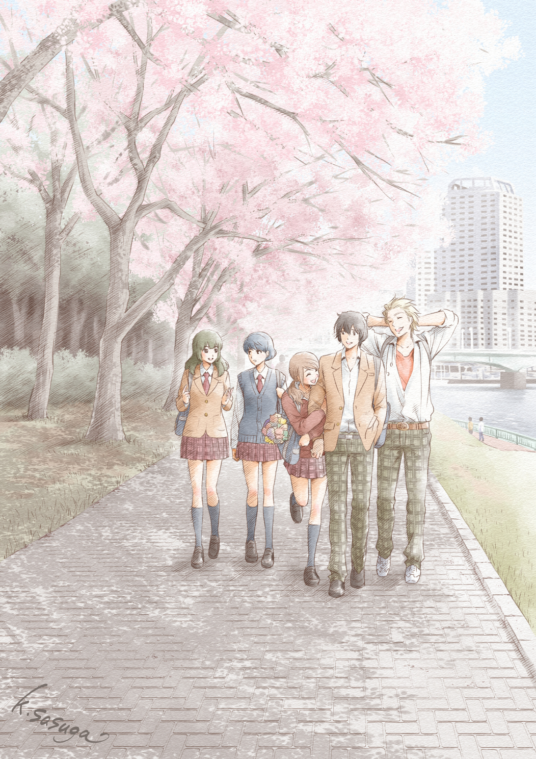 2boys 3girls arm_behind_head artist_name ashihara_miu black_hair blonde_hair blue_hair brick_road building cherry_blossoms collared_shirt commentary_request domestic_na_kanojo fujii_natsuo grabbing_own_arm green_hair green_pants highres kashiwabara_momo looking_at_viewer matsukawa_j_alex medium_hair multiple_boys multiple_girls necktie outdoors pants plaid plaid_pants plaid_skirt pleated_skirt red_necktie red_skirt river sasuga_kei shirt short_hair skirt tachibana_rui tree walking white_shirt