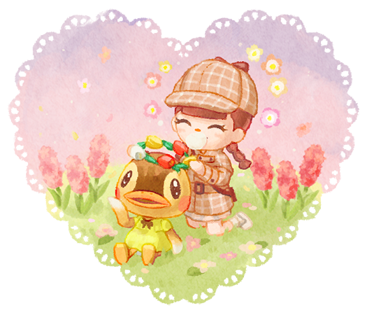 2girls ^_^ animal_crossing blunt_bangs blush blush_stickers braid brown_coat brown_hair brown_headwear brown_ribbon bubble_blowing chewing_gum closed_eyes coat deerstalker dress flower flower_wreath furry furry_female grass green_dress hat head_wreath heart hyacinth kneeling long_hair long_sleeves moai_(aoh) molly_(animal_crossing) multiple_girls on_grass open_mouth pink_flower pink_sky ribbon short_sleeves sitting skirt sky smile transparent_background twin_braids villager_(animal_crossing) white_skirt