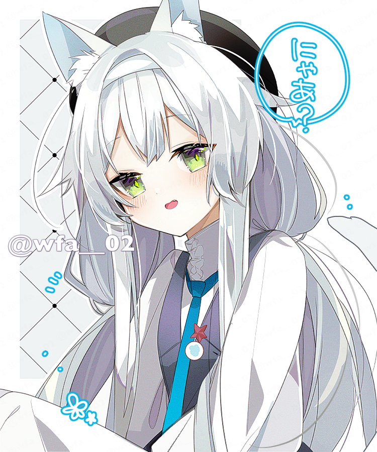 1girl alternate_costume animal_ear_fluff animal_ears arknights artist_name black_headwear blue_necktie blush cat_ears cat_girl cat_tail commentary_request fang green_eyes grey_hair hairband itsuki_02 long_hair looking_at_viewer low_twintails necktie open_mouth rosmontis_(arknights) shirt skin_fang solo speech_bubble tail twintails twitter_username waistcoat white_hairband white_shirt
