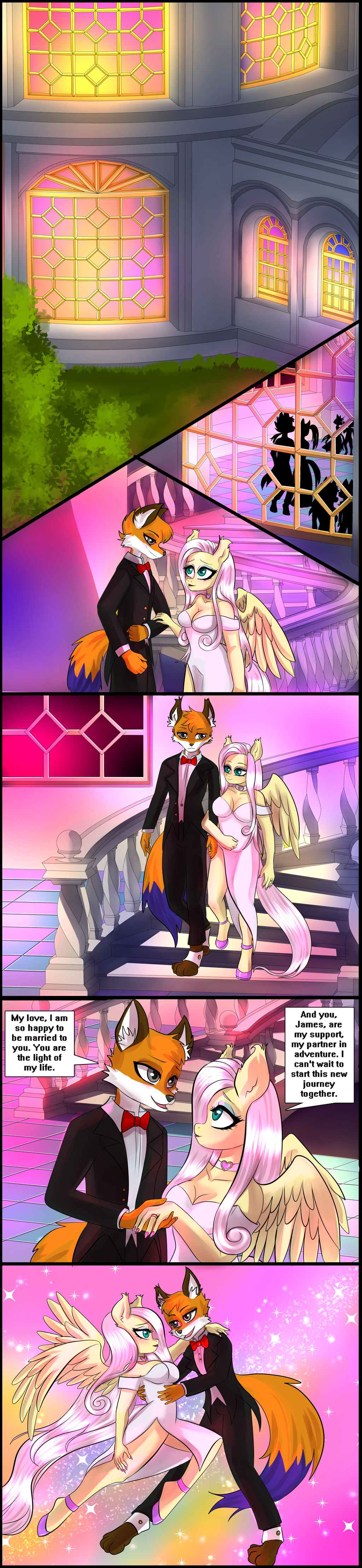 absurd_res bride brony caliluminos canid canine dancing doctor duo english_text equid equine female fluttershy_(mlp) fox friendship_is_magic hasbro hi_res horse invalid_tag james_(disambiguation) long_image love male mammal my_little_pony pegasus pony romantic tall_image text waifu wedding wife wings