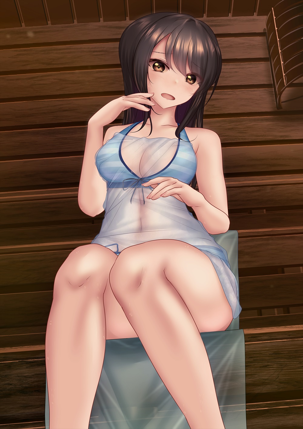 1girl bikini blue_bikini blush breasts brown_eyes brown_hair cleavage commentary_request commission frown girls_und_panzer halterneck head_tilt highres indoors long_hair looking_at_viewer medium_breasts mika_(girls_und_panzer) navel open_mouth partial_commentary pixiv_commission sauna shounen_(hogehoge) solo striped striped_bikini swimsuit wooden_wall