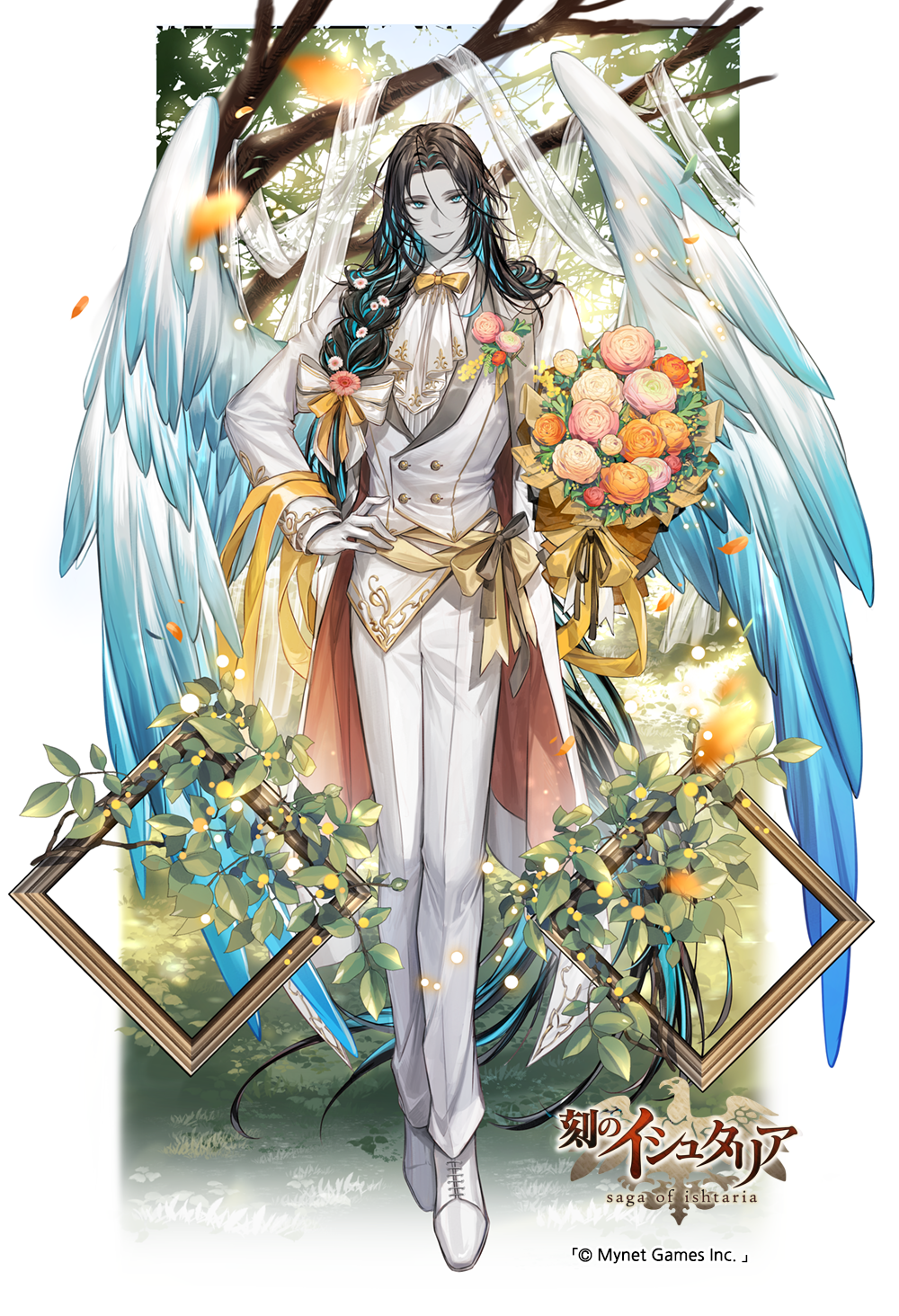 1boy age_of_ishtaria angel_wings ascot black_hair blue_eyes blue_hair blue_wings border bouquet boutonniere bow bowtie braid branch buttons coat collared_shirt colored_skin copyright copyright_name day double-breasted empty_picture_frame falling_petals feathered_wings flower flower_braid full_body gerbera gloves gold_trim grass grey_skin hair_over_shoulder hair_ribbon hand_on_own_hip highres holding holding_bouquet lapels long_hair long_sleeves looking_at_viewer male_focus multicolored_hair notched_lapels official_art open_clothes open_coat orange_flower orange_rose outside_border oxfords pants parted_bangs parted_lips petals picture_frame pink_flower pink_rose plant pointy_ears ribbon rose sandalphon_(age_of_ishtaria) sash shirt sila_(carpen) single_braid smile standing streaked_hair suit tree very_long_hair vest vines white_ascot white_border white_coat white_footwear white_gloves white_pants white_ribbon white_shirt white_suit white_vest wings yellow_bow yellow_bowtie yellow_flower yellow_rose yellow_sash