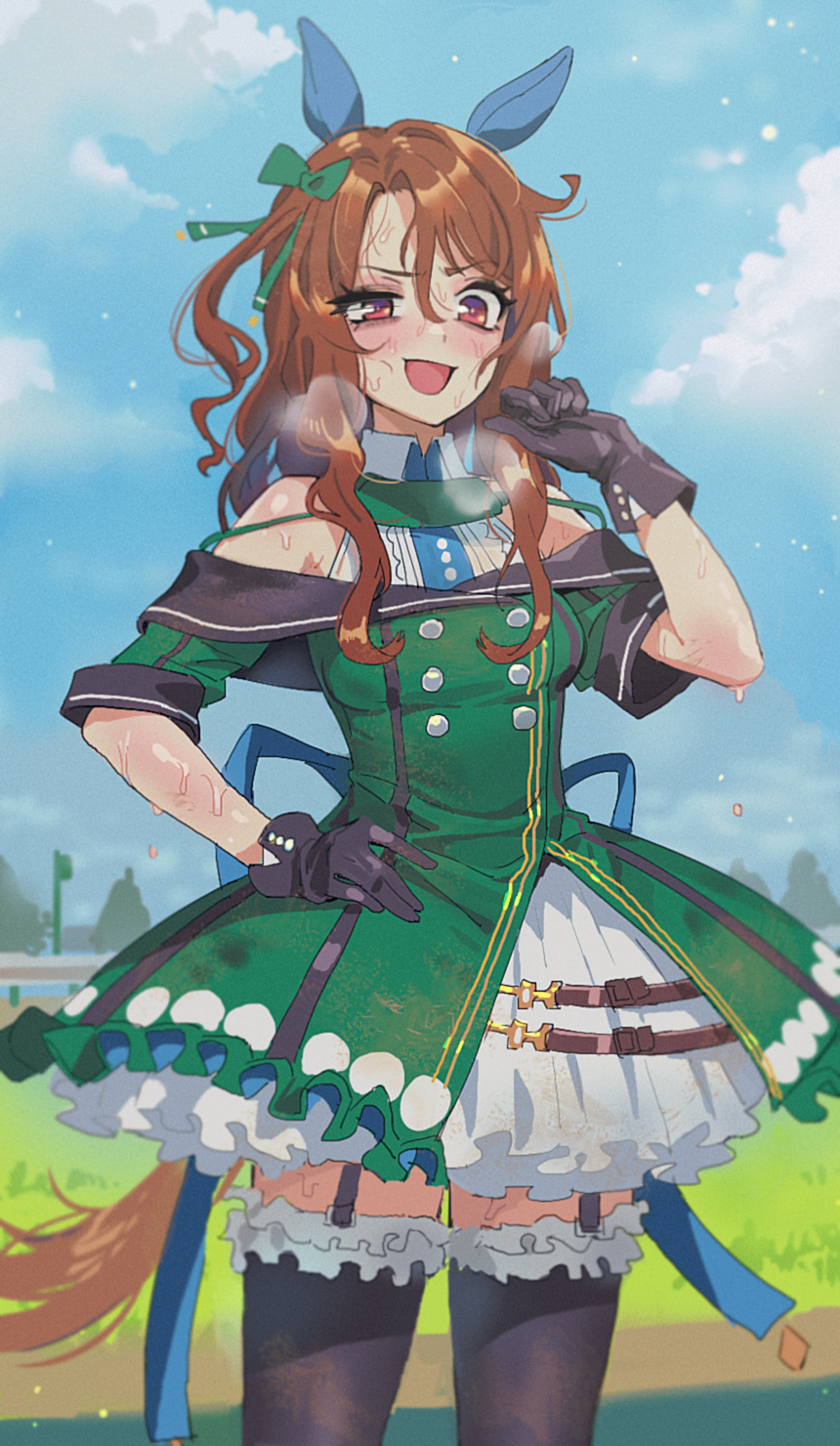 1girl animal_ears bare_shoulders black_gloves blush brown_hair buttons commentary cowboy_shot dirty dirty_clothes disheveled double-breasted doyagao dress ear_covers garter_straps gloves gradient_eyes green_dress hand_on_own_hip highres horse_ears horse_girl horse_tail king_halo_(umamusume) looking_at_viewer multicolored_eyes off_shoulder sarcophage shirt short_sleeves sleeveless sleeveless_shirt smile smug solo sweat tail umamusume very_sweaty wavy_hair zettai_ryouiki