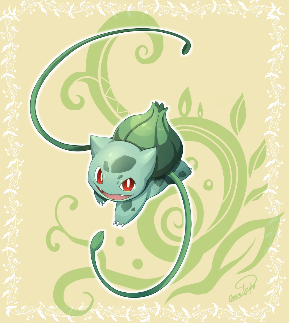 bulbasaur claws fangs floral_background full_body inosuke_(monstruo) looking_at_viewer open_mouth pokemon pokemon_(creature) red_eyes signature smile solo vine_whip