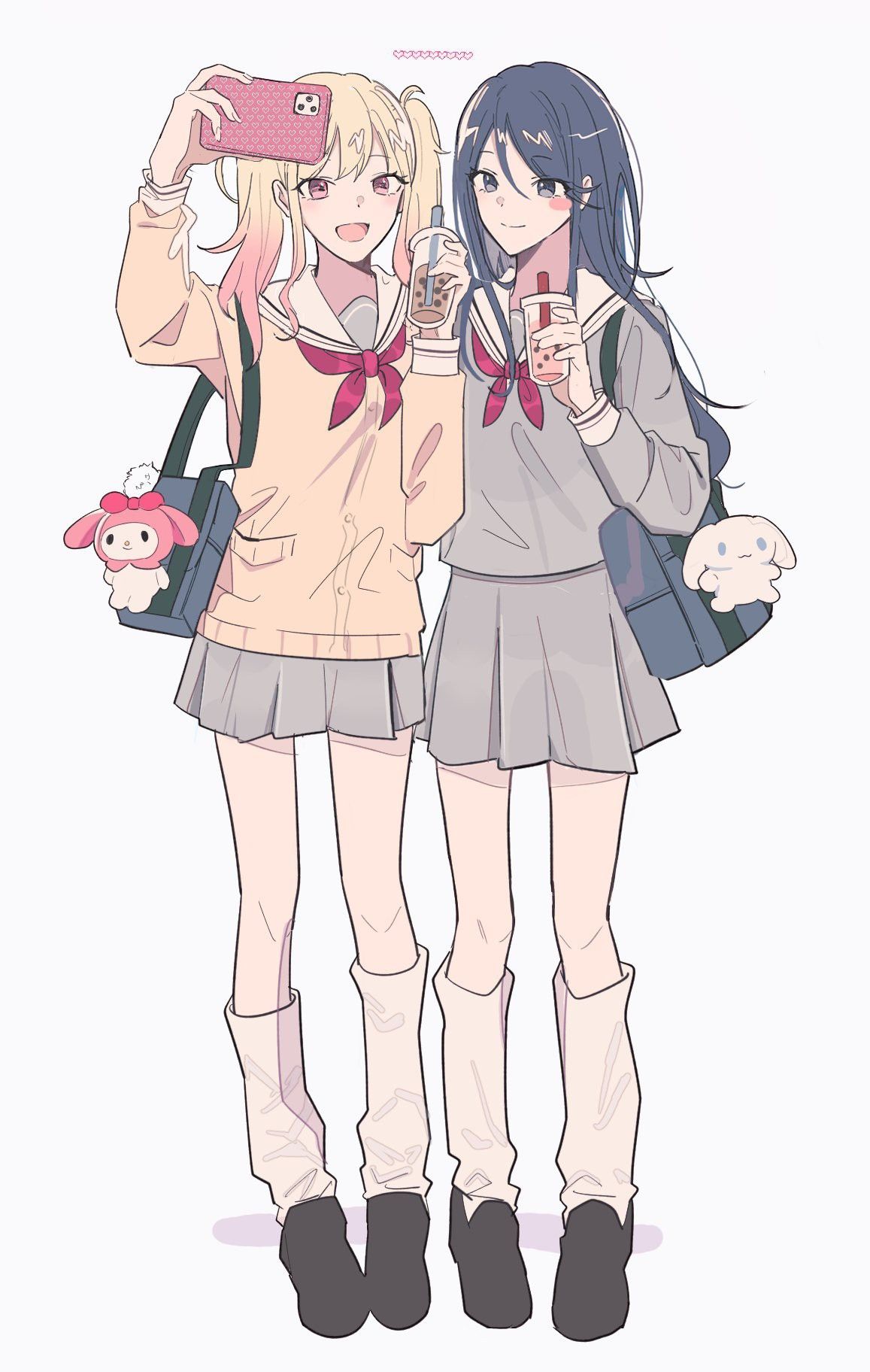 2girls 3939_otp :3 :d animal_ears bad_id bad_twitter_id bag bag_charm black_eyes black_footwear black_stripes blonde_hair blue_bag blue_eyes blue_hair blush blush_stickers bow bubble_tea cardigan cellphone charm_(object) cinnamoroll closed_mouth cup disposable_cup dog dot_nose double-parted_bangs drink drinking_straw full_body grey_serafuku grey_skirt hair_between_eyes hair_over_shoulder heart heart_print highres holding holding_cup holding_drink holding_phone hoshino_ichika_(project_sekai) loafers long_hair long_sleeves looking_at_phone loose_socks lop_rabbit_ears miyamasuzaka_girls'_academy_school_uniform multiple_girls my_melody neckerchief nose_blush open_mouth phone pink_eyes pink_hair pocket project_sekai rabbit_ears red_bow red_neckerchief sailor_collar sanrio school_bag school_uniform serafuku shoes shoulder_bag simple_background single_stripe skirt sleeve_cuffs smartphone_case smile socks standing striped stuffed_animal stuffed_dog stuffed_rabbit stuffed_toy swept_bangs tenma_saki twintails wavy_hair white_background white_sailor_collar white_socks white_stripes yellow_cardigan
