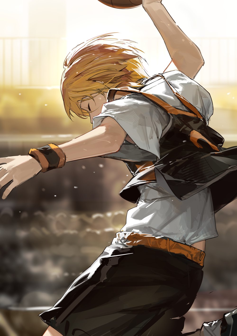 1girl backlighting ball basketball_(object) basketball_uniform black_footwear black_shorts black_tank_top blonde_hair blurry blurry_background closed_eyes foot_up highres idolmaster idolmaster_shiny_colors light_particles playing_sports running saijo_juri shirt shoes short_hair short_sleeves shorts solo sportswear sunlight sweat sweatband t-shirt tank_top white_shirt zhili_xingzou