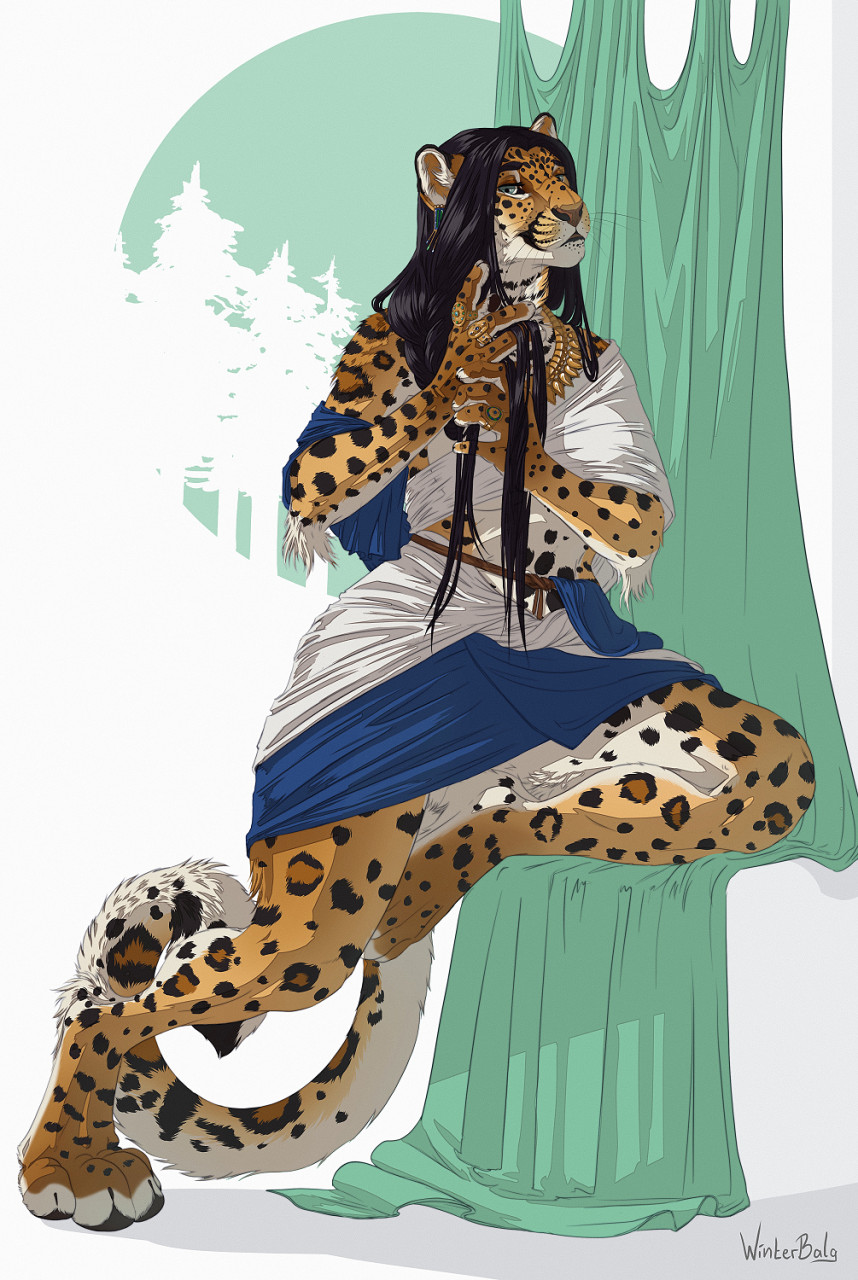 2022 abstract_background amur_leopard arm_tuft black_hair clothed clothing colored digital_drawing_(artwork) digital_media_(artwork) digitigrade dipstick_ears elbow_tuft felid female full-length_portrait green_eyes hair hi_res inner_ear_fluff jewelry leopard looking_at_viewer mammal multicolored_ears necklace pantherine portrait ring san_(huldratigress) signature solo toeless_(marking) tuft whisker_spots whiskers winterbalg