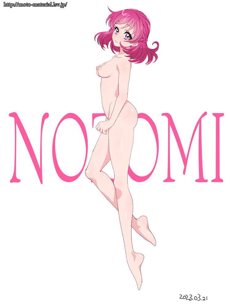 1girl barefoot breasts character_name closed_mouth commentary completely_nude dated floating from_side ginko_(silver_fox) kibou_no_chikara_~otona_precure_'23~ legs_up looking_at_viewer medium_breasts medium_hair nipples nude pink_hair precure purple_eyes simple_background smile solo text_background web_address white_background yumehara_nozomi