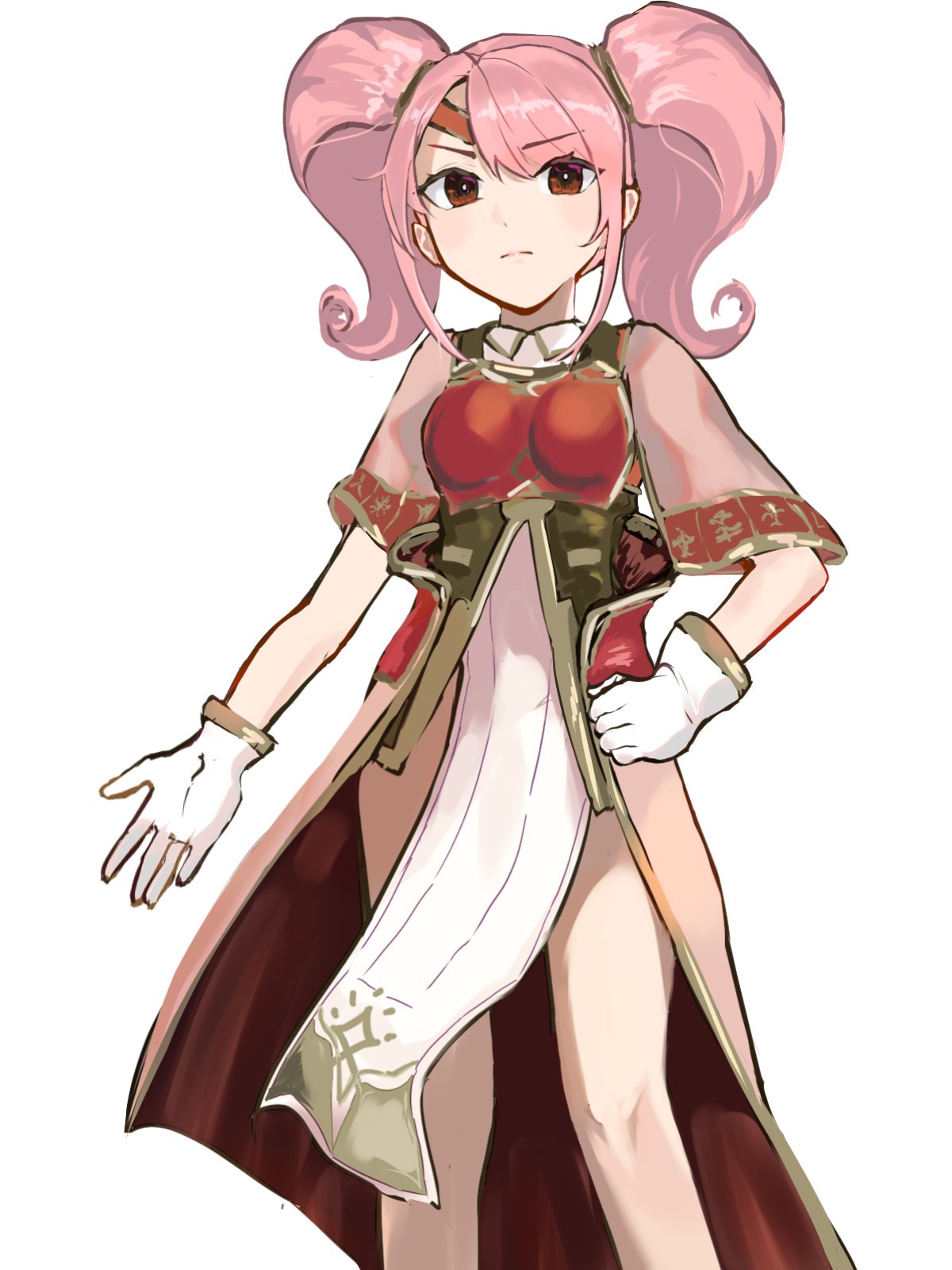 1girl armor breastplate circlet closed_mouth fire_emblem fire_emblem_echoes:_shadows_of_valentia gloves graffiti_uthn hand_on_own_hip highres long_hair looking_at_viewer mae_(fire_emblem) pelvic_curtain pink_hair red_eyes short_sleeves solo twintails white_background white_gloves