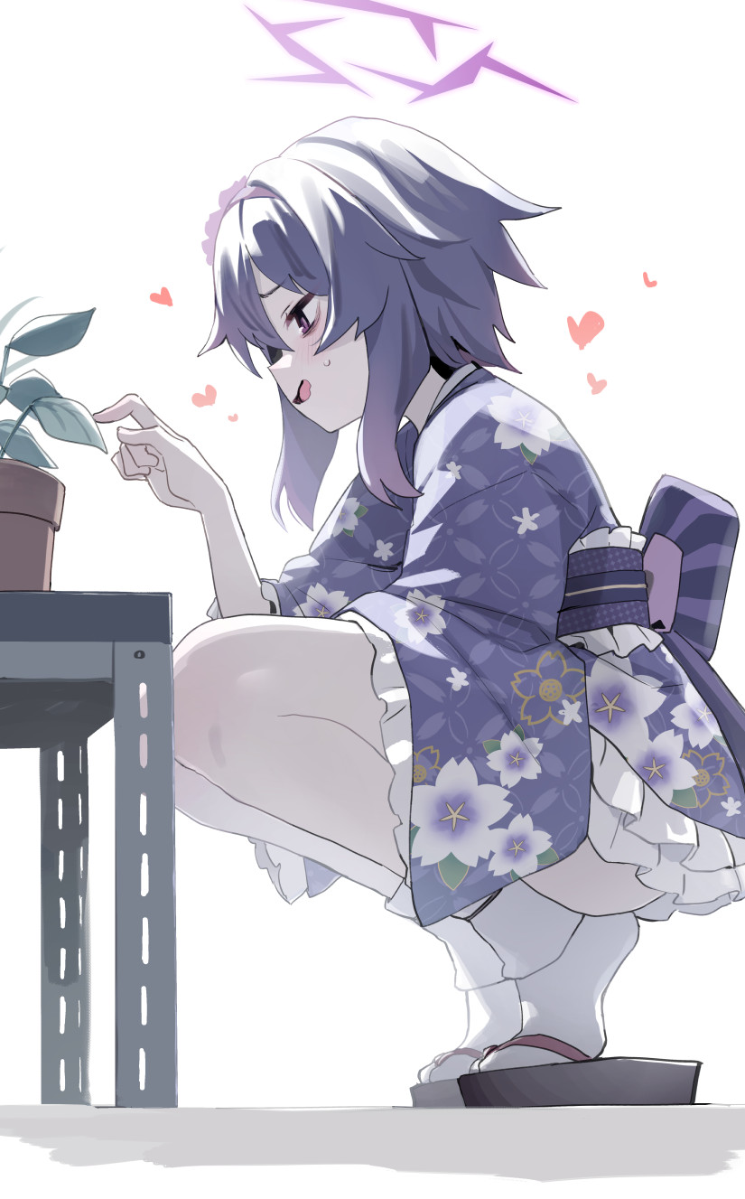 1girl bee_(deadflow) blue_archive blush floral_print frilled_kimono frills from_side geta hair_between_eyes hairband halo haruka_(blue_archive) haruka_(new_year)_(blue_archive) heart highres japanese_clothes kimono open_mouth plant potted_plant profile purple_hairband purple_kimono simple_background solo squatting sweat tabi table white_background wide_sleeves