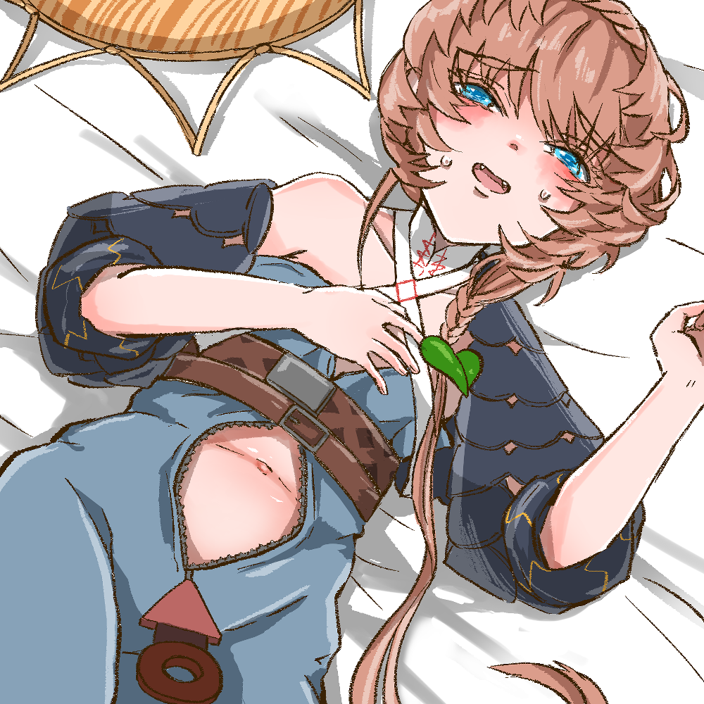 1girl belt black_sleeves blue_eyes blue_overalls blush braid brown_hair buckle clothing_cutout crown_braid fate/grand_order fate_(series) flat_chest headgear_removed looking_at_viewer lying navel navel_cutout on_back open_mouth orange_headwear overalls puffy_sleeves shimogamo_(shimomo_12) side_braid solo striped striped_headwear tongue van_gogh_(fate) zipper_pull_tab