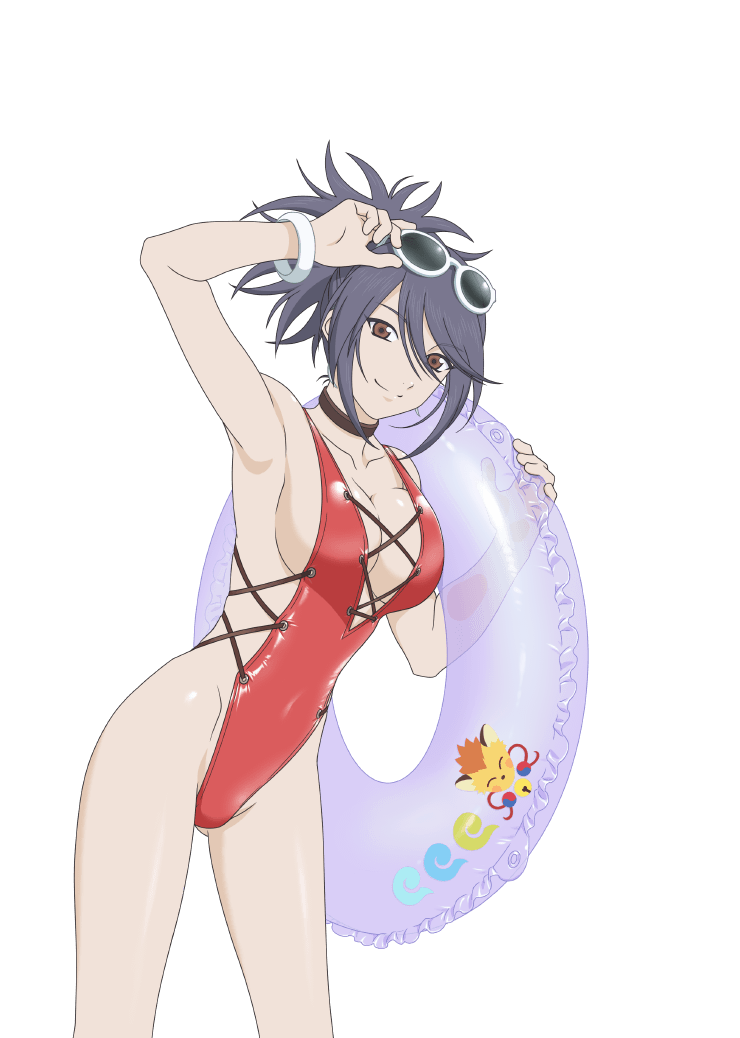1girl artist_request black_choker black_hair bracelet breasts brown_eyes casual_one-piece_swimsuit choker cleavage collarbone covered_navel english_commentary eyewear_on_head fujibayashi_sheena fujibayashi_sheena_(queen_of_the_beach) highleg highleg_swimsuit holding holding_innertube innertube jewelry looking_at_viewer medium_breasts official_alternate_costume official_art one-piece_swimsuit ponytail red_one-piece_swimsuit short_ponytail sidelocks smile sunglasses swimsuit tales_of_(series) tales_of_symphonia third-party_source transparent_background