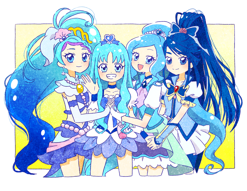 4girls :d blue_choker blue_eyes blue_hair blue_skirt blue_vest blush bow brooch butterfly_brooch butterfly_hair_ornament choker commentary_request cure_aqua cure_fontaine cure_marine cure_mermaid earrings gloves go!_princess_precure grin hair_ornament healin'_good_precure heart heart_hair_ornament heartcatch_precure! high_ponytail holding_hands hoppetoonaka3 jewelry kaidou_minami kurumi_erika long_hair magical_girl midriff minazuki_karen multicolored_hair multiple_girls navel open_mouth ponytail precure puffy_sleeves sawaizumi_chiyu shell shell_earrings short_sleeves simple_background skirt smile streaked_hair two-tone_hair vest waving white_gloves wide_ponytail wrist_cuffs yes!_precure_5