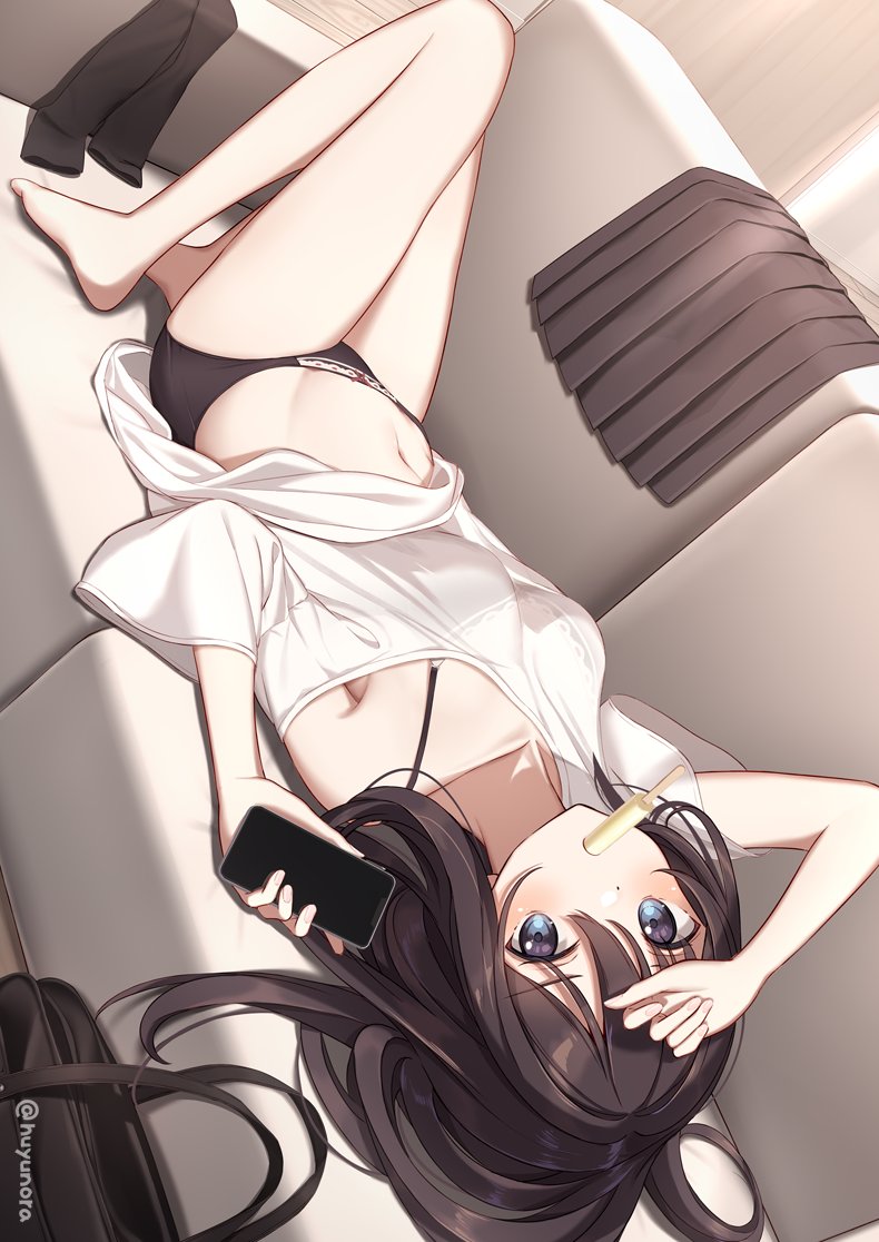 1girl arm_up artist_name bag bare_legs bare_shoulders barefoot black_hair black_panties black_skirt blue_eyes bra breasts cellphone collarbone couch food food_in_mouth hair_between_eyes holding holding_phone huyunora knees_up long_hair looking_at_viewer lying mouth_hold navel no_pants off_shoulder on_back on_couch original panties phone pleated_skirt shirt short_sleeves signature skirt skirt_removed smartphone solo stomach thighs underwear upside-down white_shirt