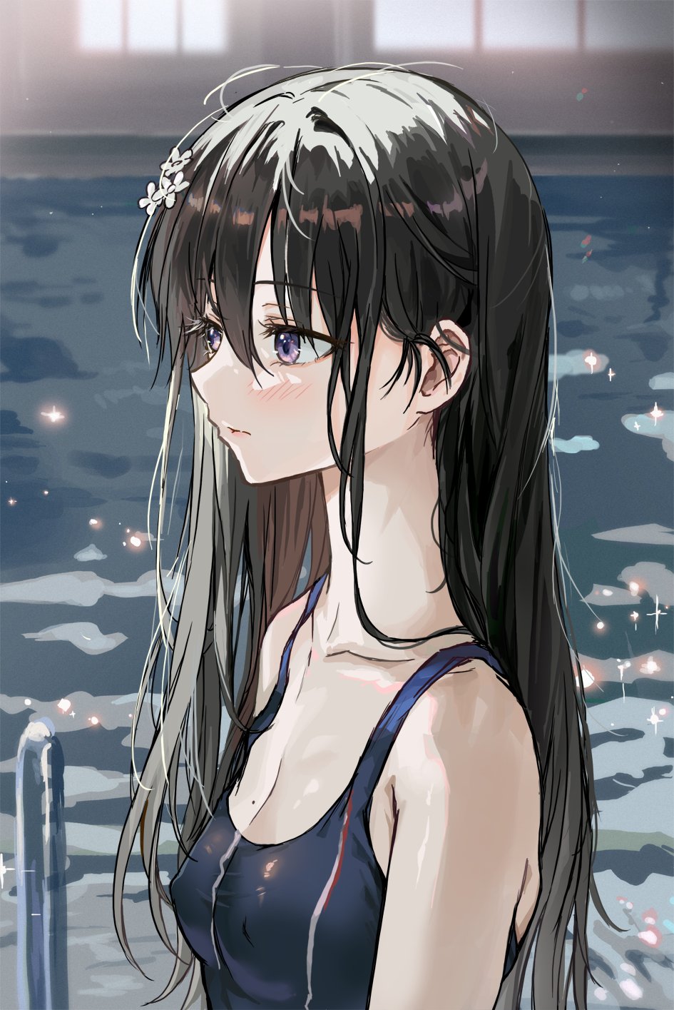1girl bare_arms black_hair blue_one-piece_swimsuit blush breasts cleavage collarbone covered_nipples expressionless flower glint hair_between_eyes hair_flower hair_ornament highres indoors long_hair looking_to_the_side one-piece_swimsuit original pool purple_eyes saya_(mychristian2) sidelocks small_breasts solo swimsuit upper_body window