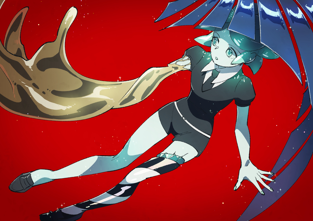 1other androgynous aqua_hair aqua_nails bare_arms black_necktie blue_hair blunt_ends crystal gem_uniform_(houseki_no_kuni) golden_arms houseki_no_kuni lapis_lazuli_(houseki_no_kuni) liquid loafers looking_to_the_side necktie nikomi_(nikomix) other_focus out_of_frame parted_lips phosphophyllite phosphophyllite_(gemstone) puffy_short_sleeves puffy_sleeves red_background shoes short_hair short_sleeves simple_background solo_focus sparkle spoilers striped_skin surprised