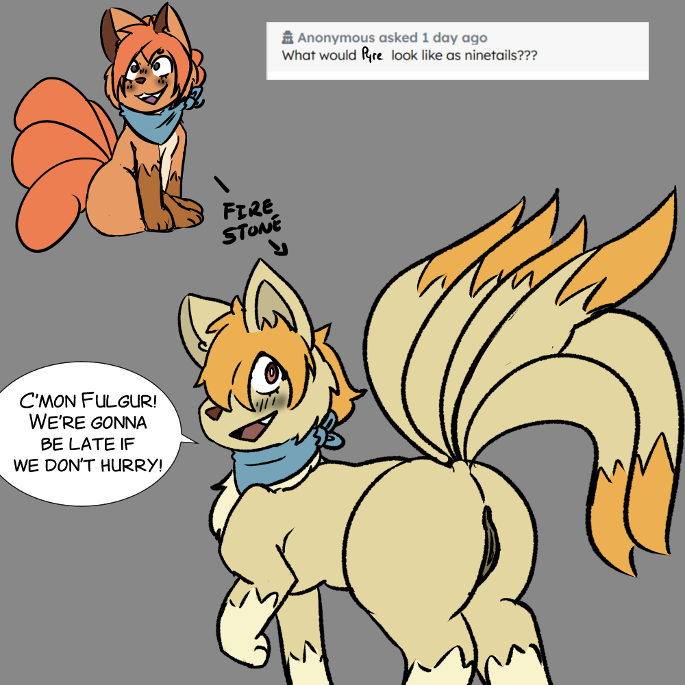 aetherouranos anus blush canid canine female feral generation_1_pokemon genitals looking_at_viewer mammal multi_tail ninetales nintendo open_mouth pokemon pokemon_(species) pokemon_mystery_dungeon pussy pyre_(vulpix) simple_background smile solo tail text vulpix