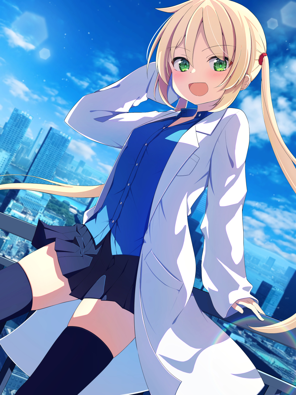 1girl :d against_railing arm_support black_skirt black_thighhighs blonde_hair blue_shirt blue_sky blush cityscape coat commentary_request commission dress_shirt dutch_angle green_eyes hand_up hayate_no_gotoku! highres lab_coat lapels leaning_back long_hair long_sleeves notched_lapels open_mouth pleated_skirt pocket railing sanzen'in_nagi seek_arrow shirt skirt sky sleeves_past_wrists smile solo thighhighs twintails white_coat wind