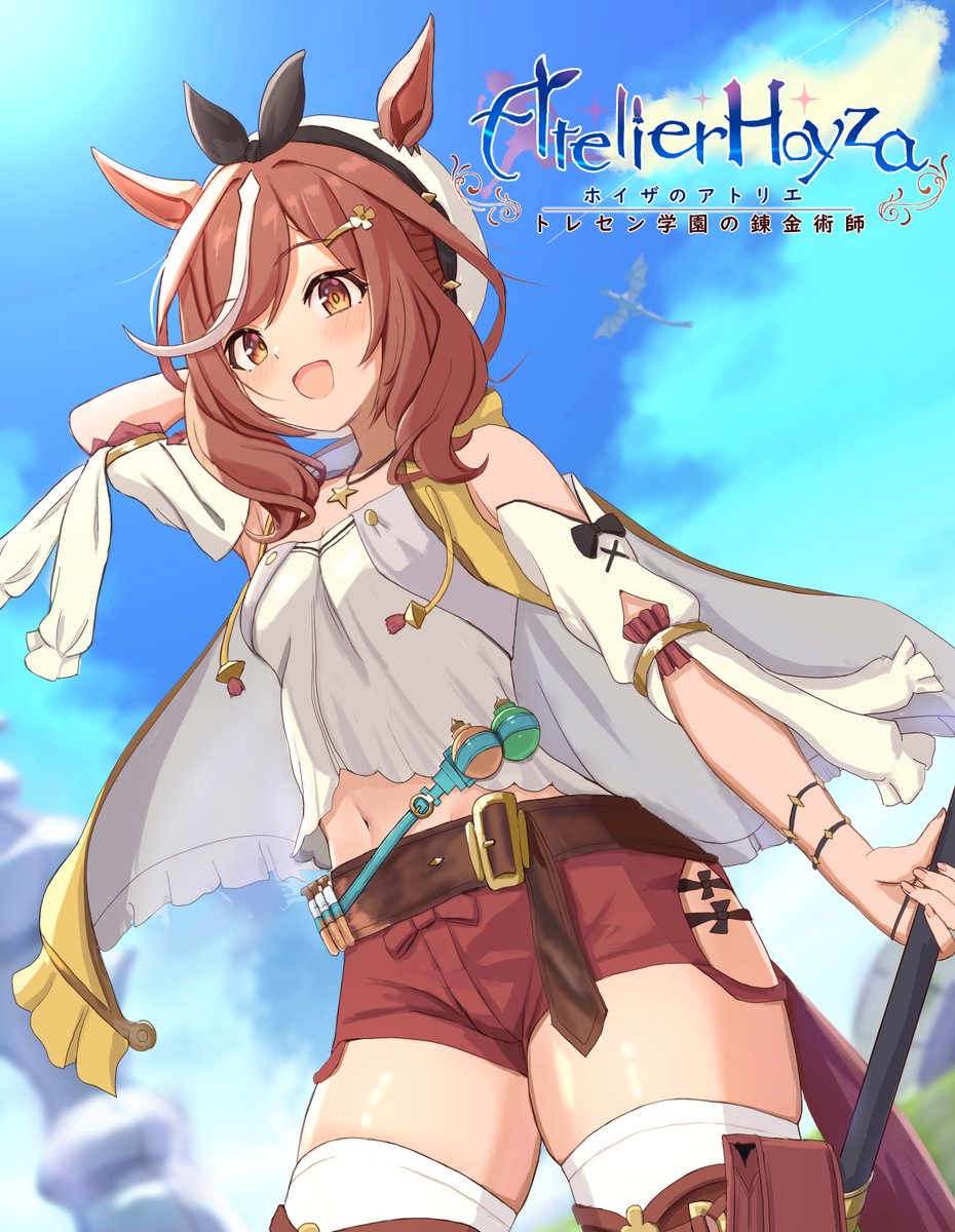 1girl animal_ears arm_up atelier_(series) atelier_ryza belt beret blurry blurry_background blush breasts brown_eyes cleavage commentary_request cosplay detached_sleeves filkia hat highres horse_ears horse_girl horse_tail jewelry matikane_tannhauser_(umamusume) medium_breasts navel necklace parody shorts sky solo tail thighhighs thighs umamusume