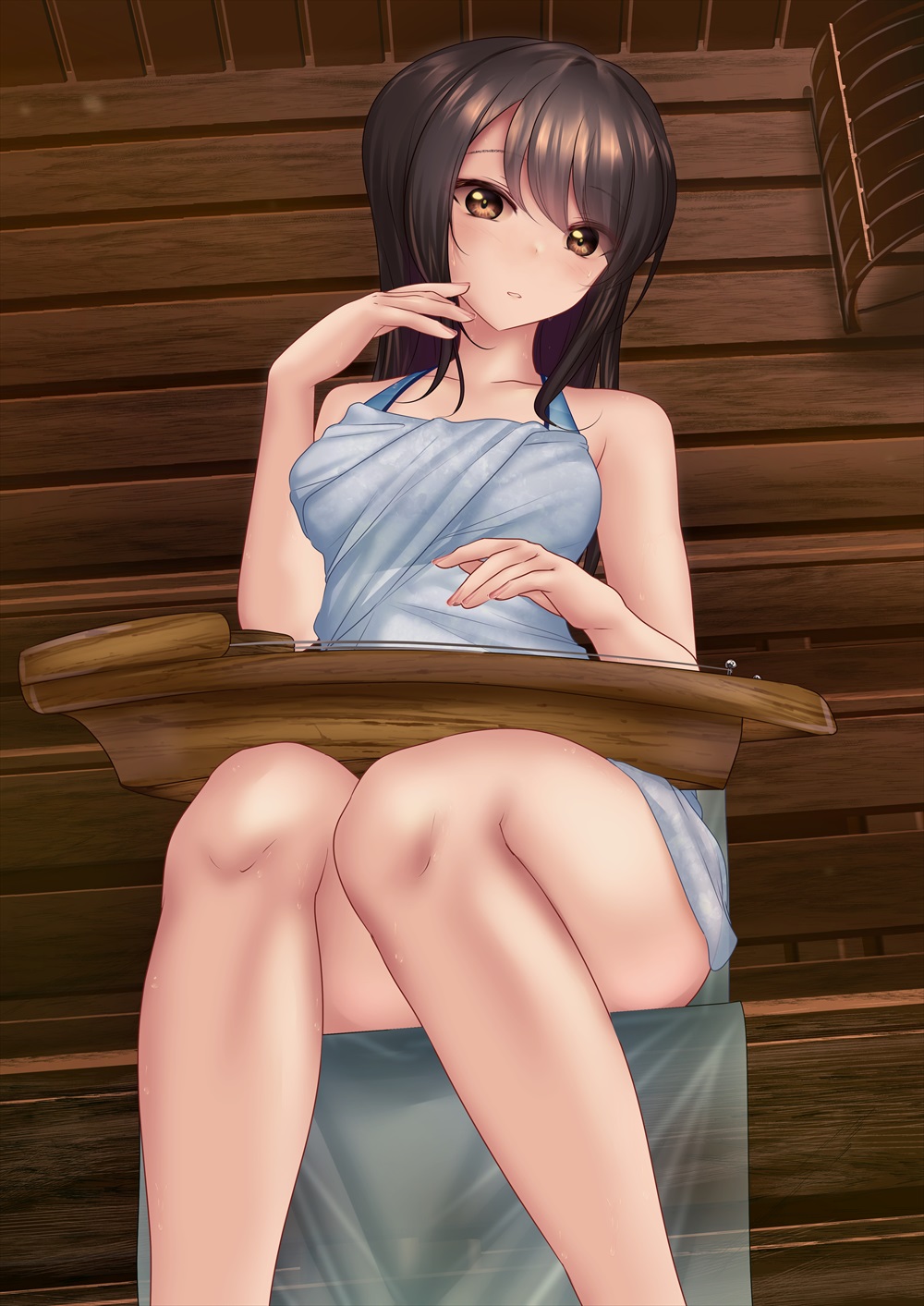1girl blue_towel brown_eyes brown_hair commentary_request commission girls_und_panzer head_tilt highres holding holding_instrument indoors instrument kantele long_hair looking_at_viewer mika_(girls_und_panzer) naked_towel parted_lips partial_commentary pixiv_commission sauna shounen_(hogehoge) solo towel wooden_wall