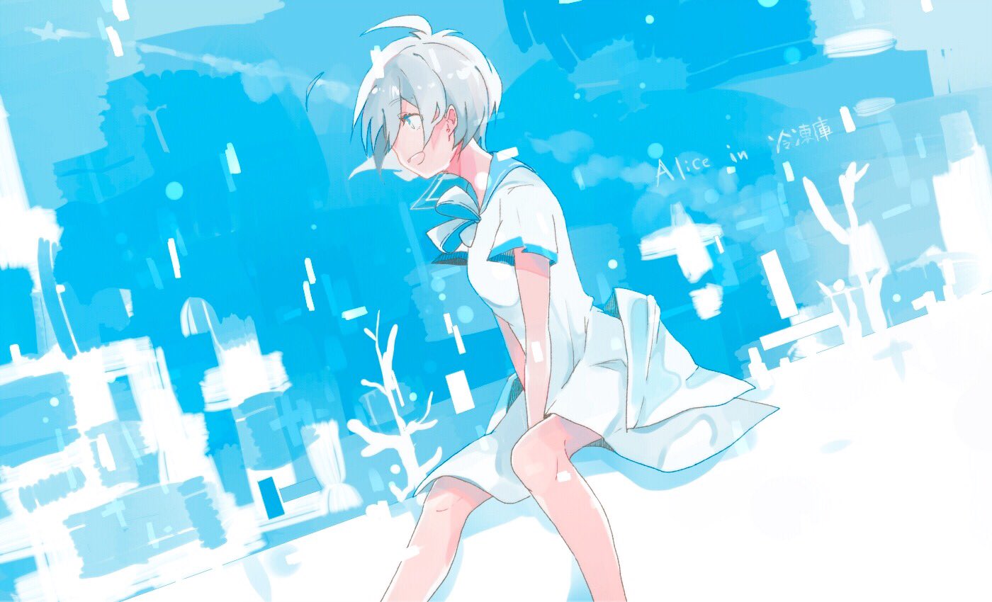 1girl abstract_background ahoge alice_in_reitouko_(vocaloid) blue_bow blue_bowtie blue_eyes blue_sailor_collar bow bowtie breasts commentary dress grey_hair hair_between_eyes legs looking_to_the_side medium_breasts open_mouth sailor_collar short_hair short_sleeves sitting smile solo white_dress wsk_64