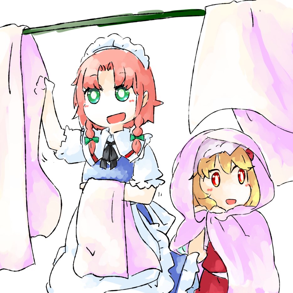 2girls :d apron black_ribbon blonde_hair blue_skirt blue_vest bow braid clothesline commentary drying drying_clothes flandre_scarlet frilled_apron frills green_bow green_eyes hair_bow hong_meiling hood hood_up laundry maid_apron maid_headdress multiple_girls orange_hair outdoors puffy_short_sleeves puffy_sleeves red_eyes ribbon short_hair short_sleeves simple_background skirt smile symbol-only_commentary touhou twin_braids vest white_apron white_background yaise