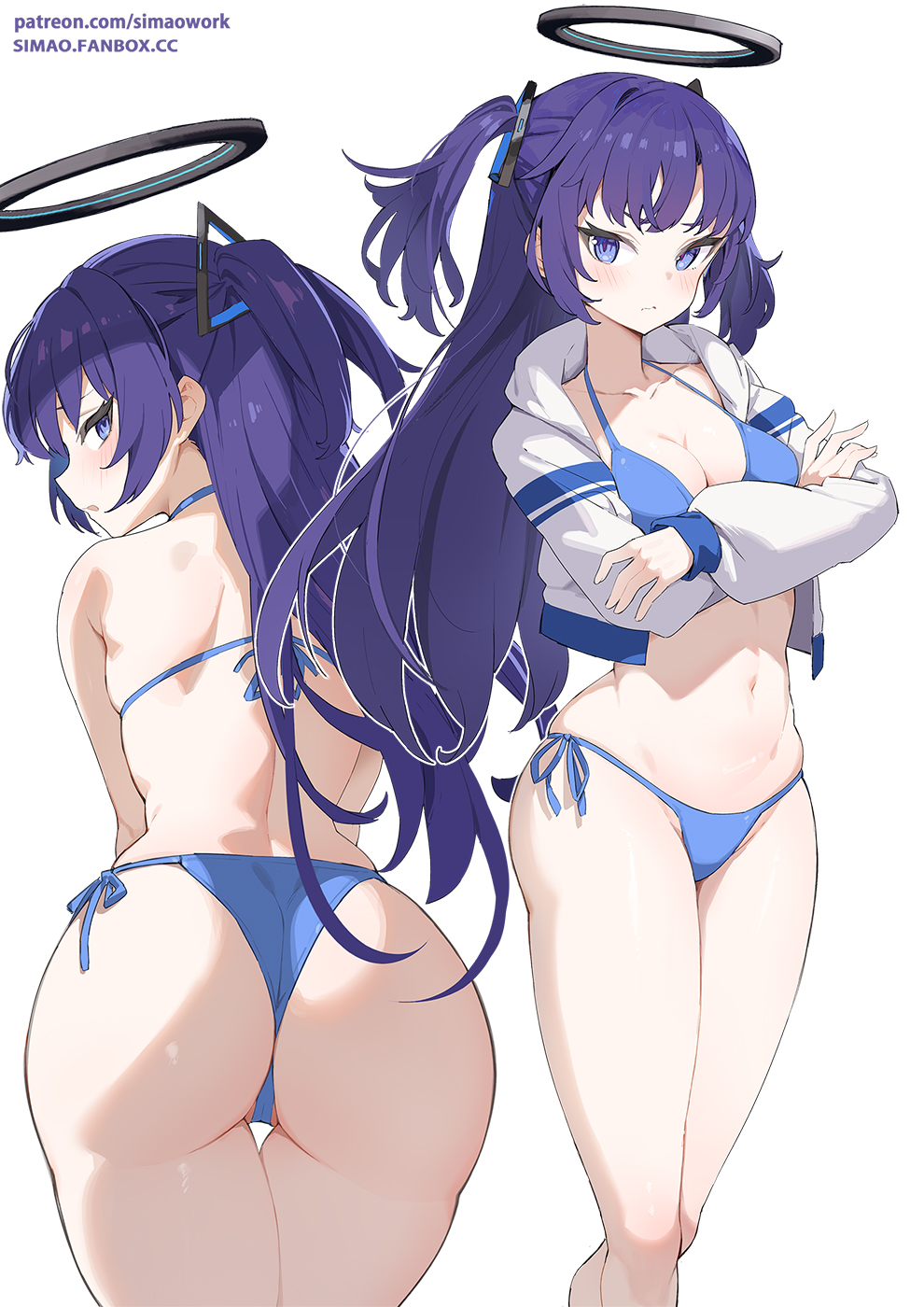 1girl ass back bare_shoulders blue_archive blush breasts cleavage collarbone cropped_jacket crossed_arms hair_ornament halo highres jacket long_hair long_sleeves looking_at_viewer looking_back medium_breasts multiple_views navel open_clothes open_jacket open_mouth purple_eyes purple_hair sidelocks simao_(x_x36131422) thighs two_side_up white_jacket yuuka_(blue_archive)